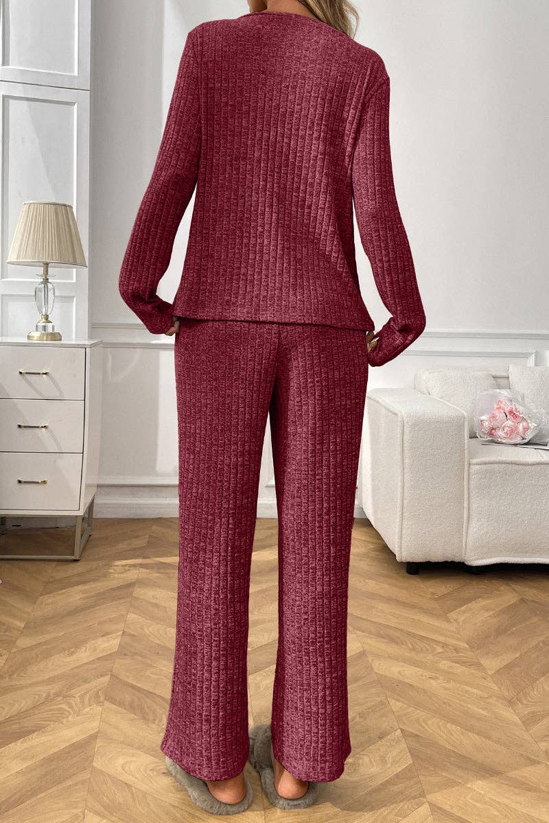 Ribbed Knit Lounge Set with V Neck and Wide Pants