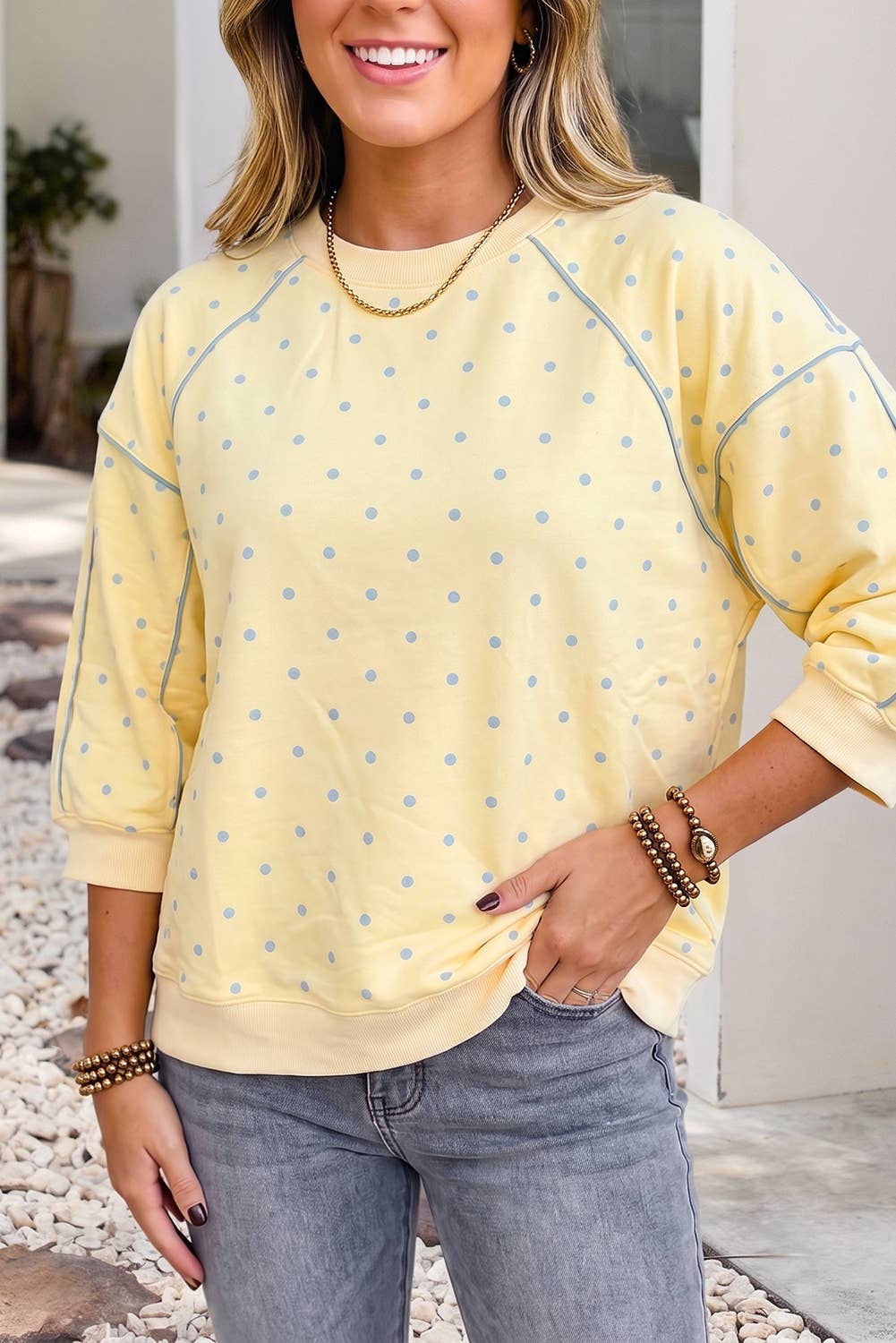 LDC Polka Dot Print Piping Trim 3/4 Sleeve Relaxed Top