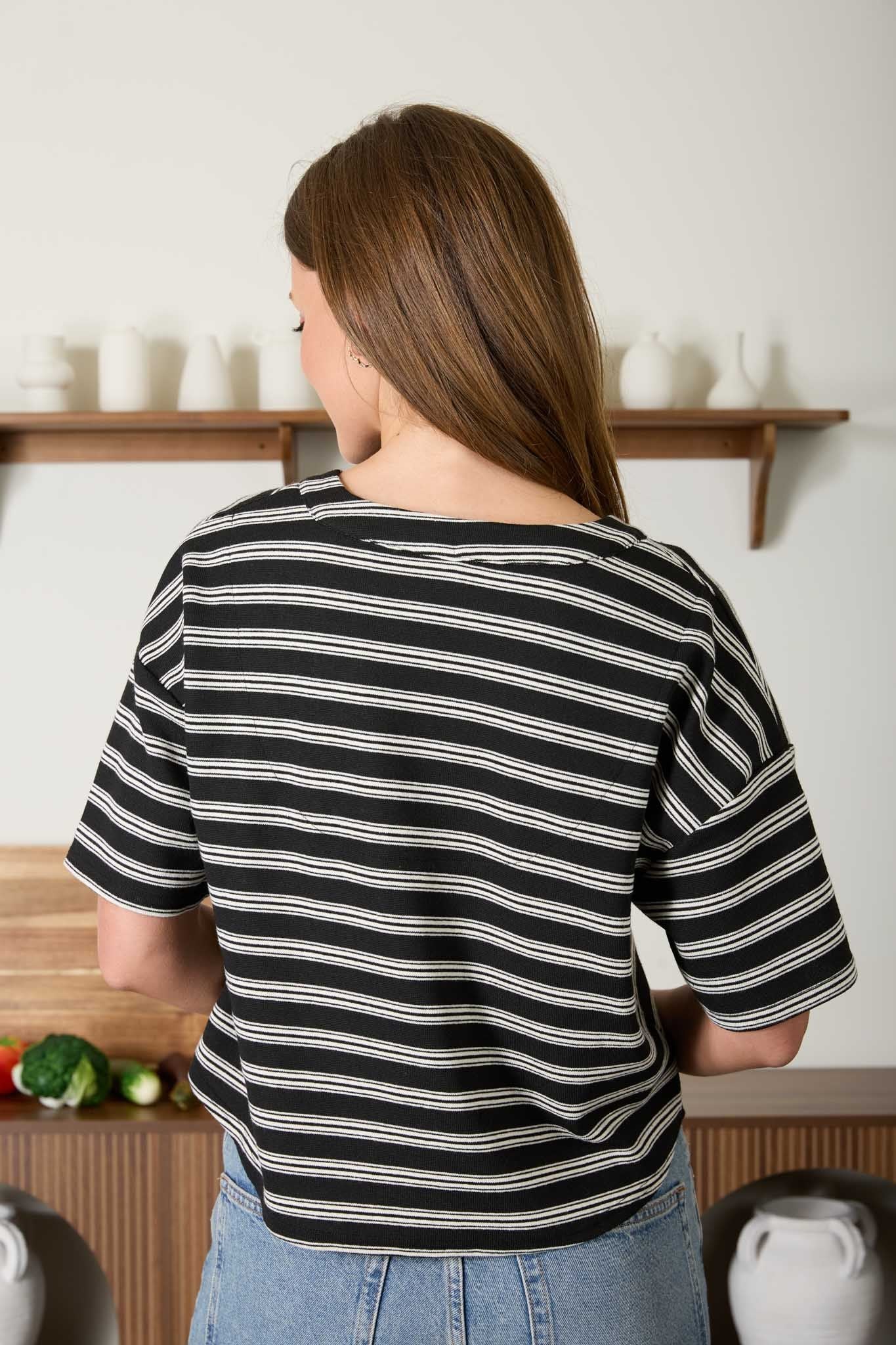 Stripe Short Sleeve Boxy Henley Knit Top