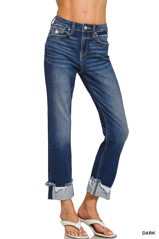 Cuffed Distressed Hem Denim Pants