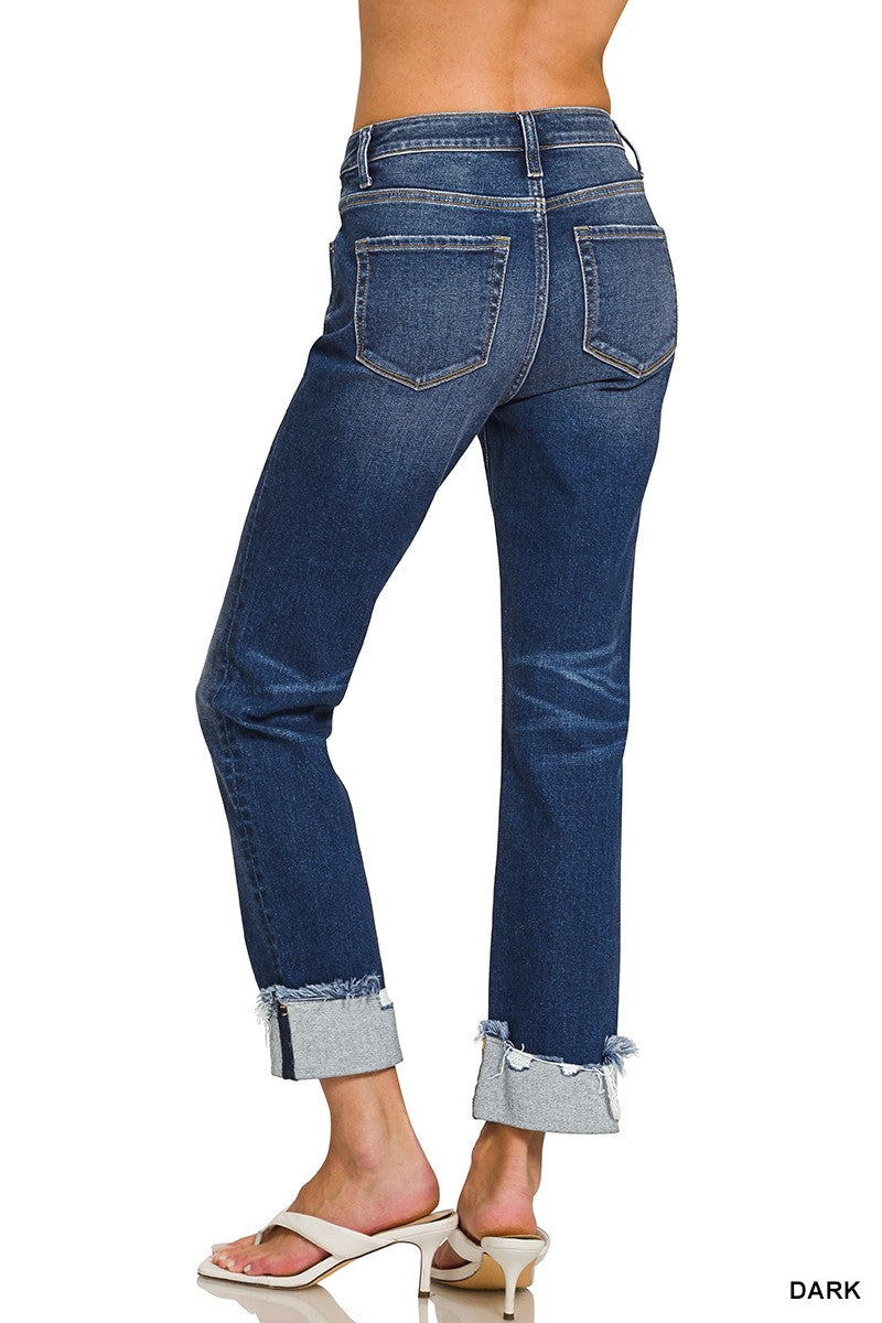 Cuffed Distressed Hem Denim Pants