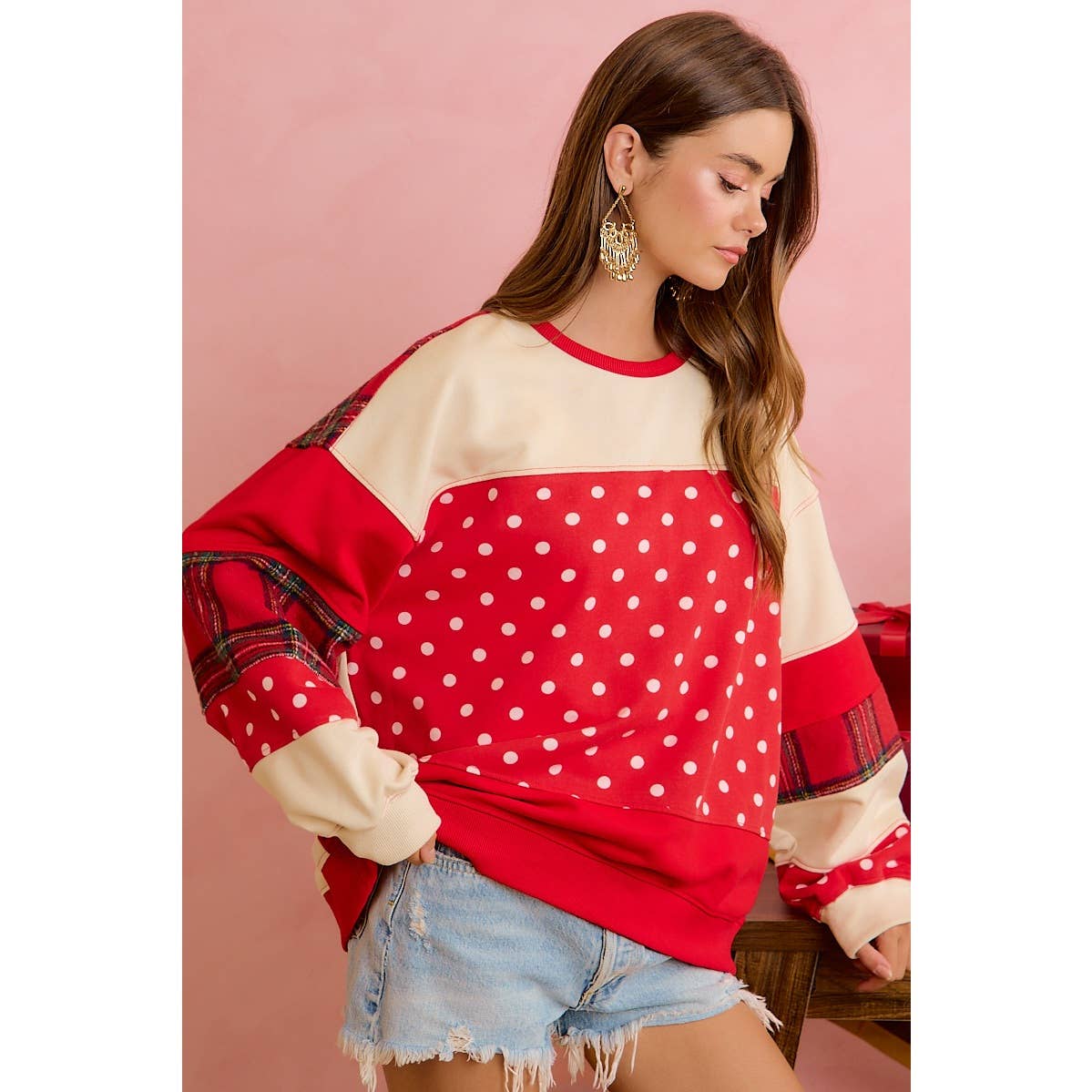 PLAID AND POLKA DOT PATCHWORK CHRISTMAS SWEATSHIRT
