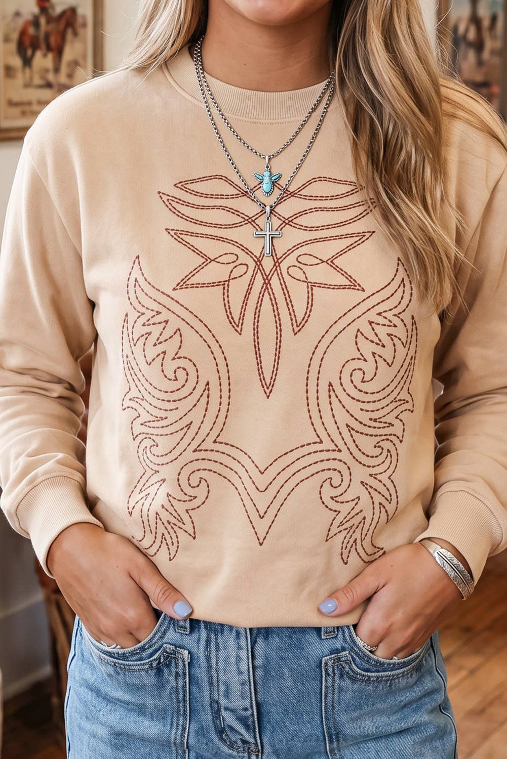 LDC Embroidery Round Neck Pullover Long Sleeve Sweatshirt