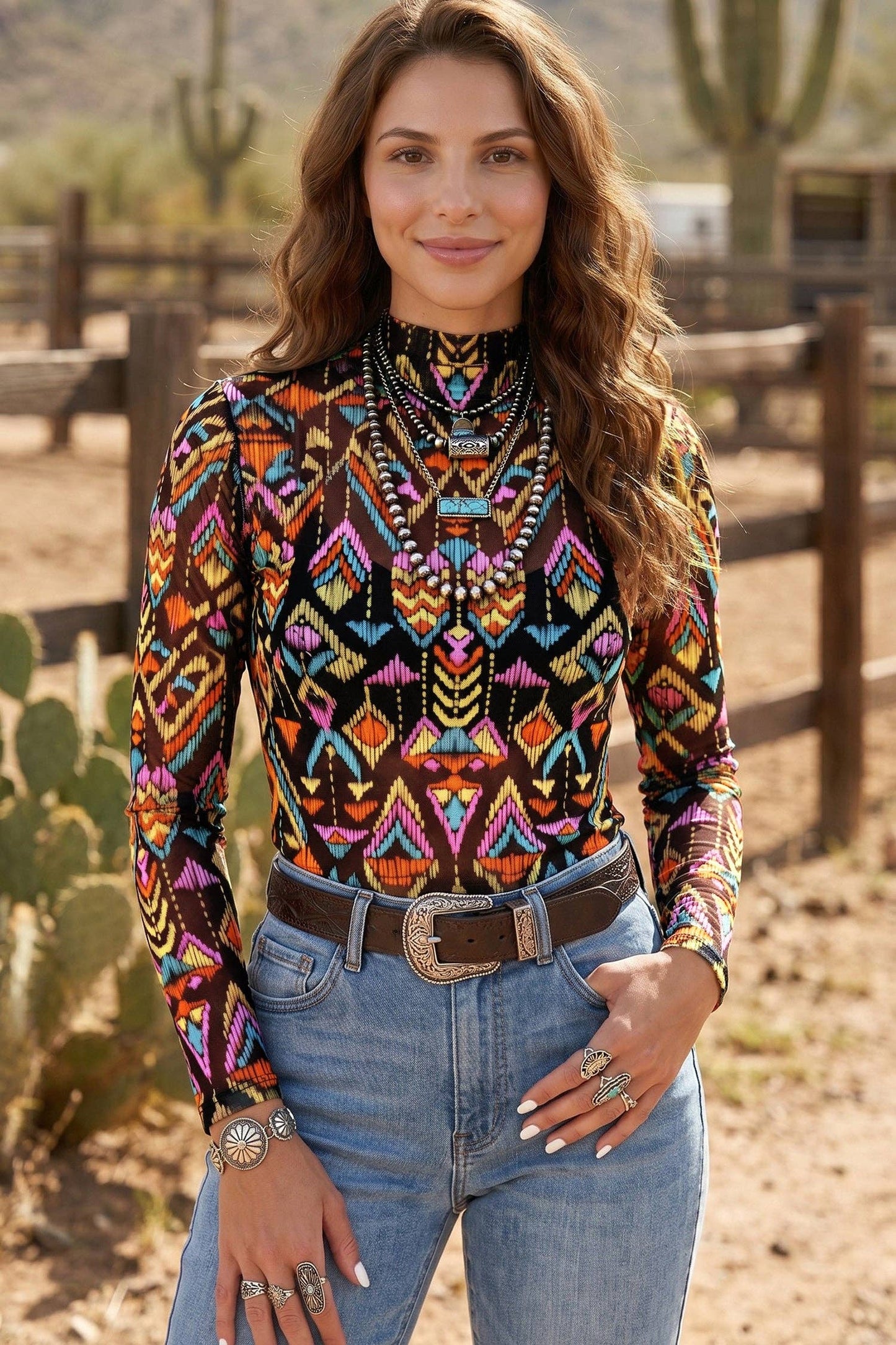 Color black Abstract Print Long Sleeve Stand Neck Mesh Top