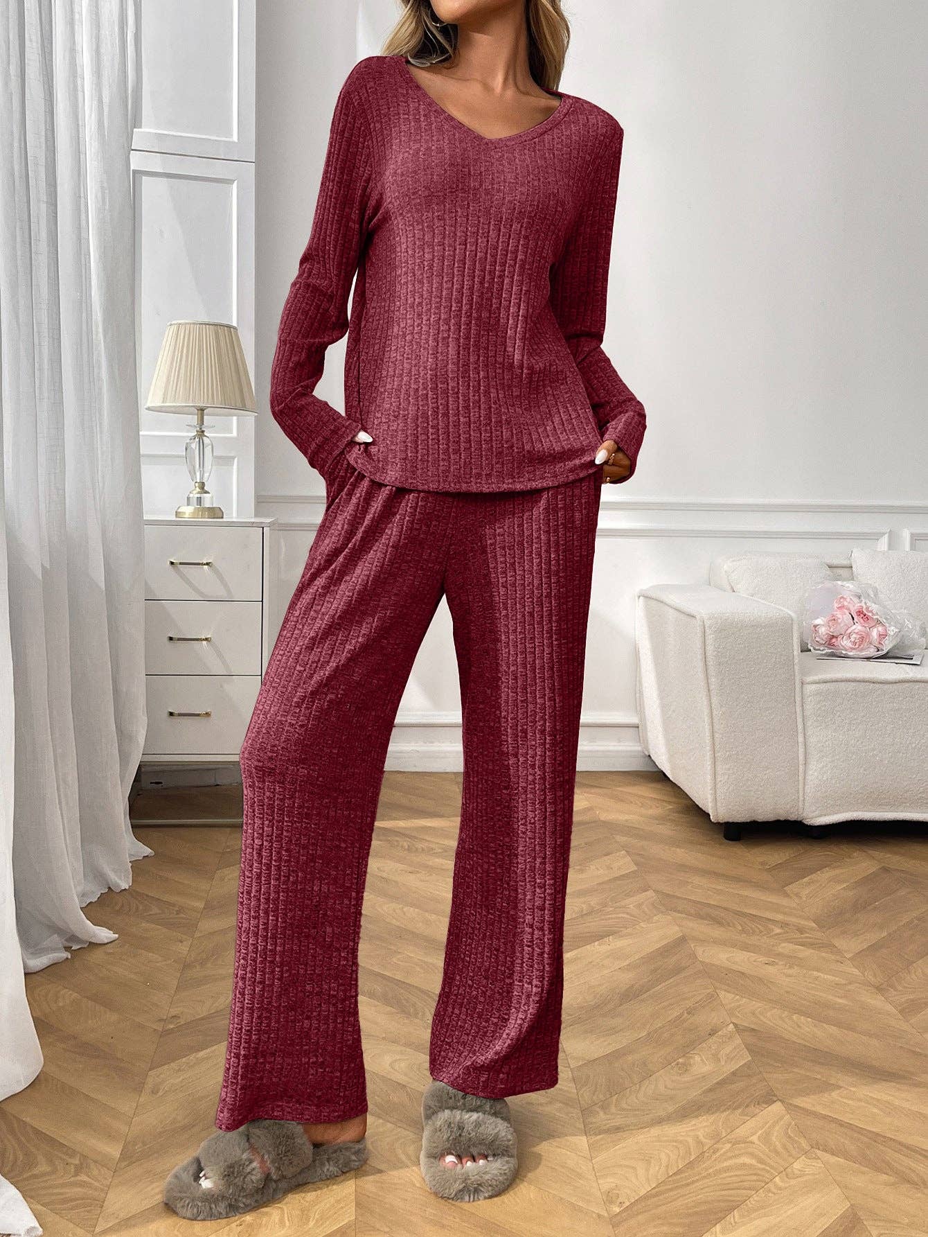 Ribbed Knit Lounge Set with V Neck and Wide Pants