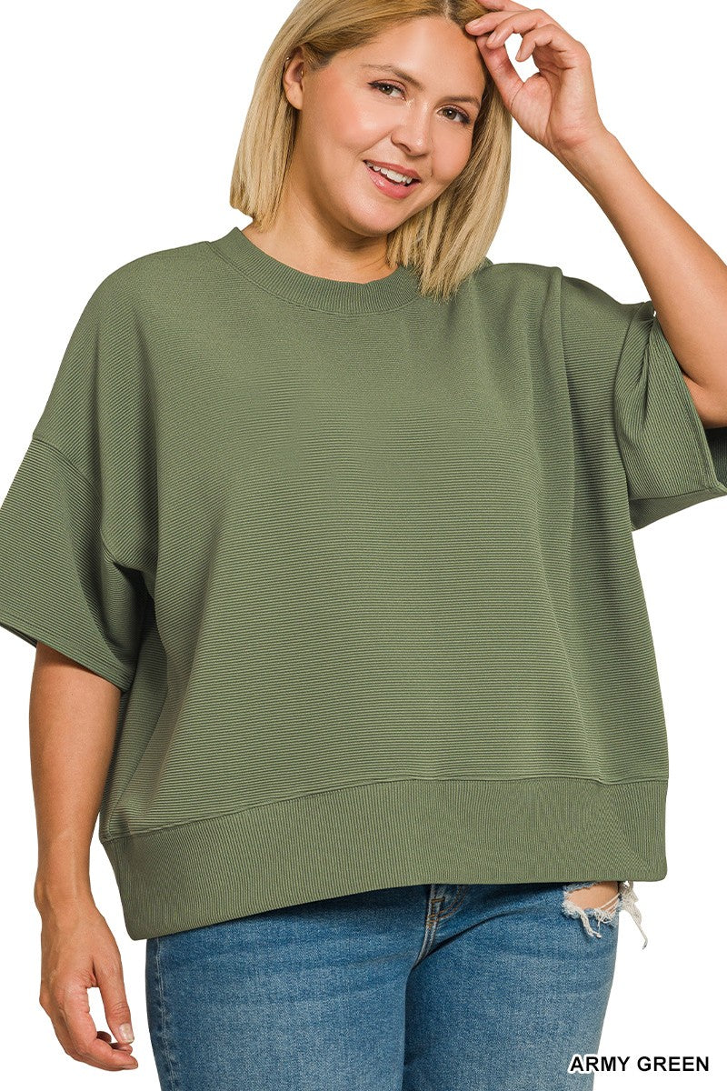 Plus Ribbed Round Neck Waist Banded Tee Shirts