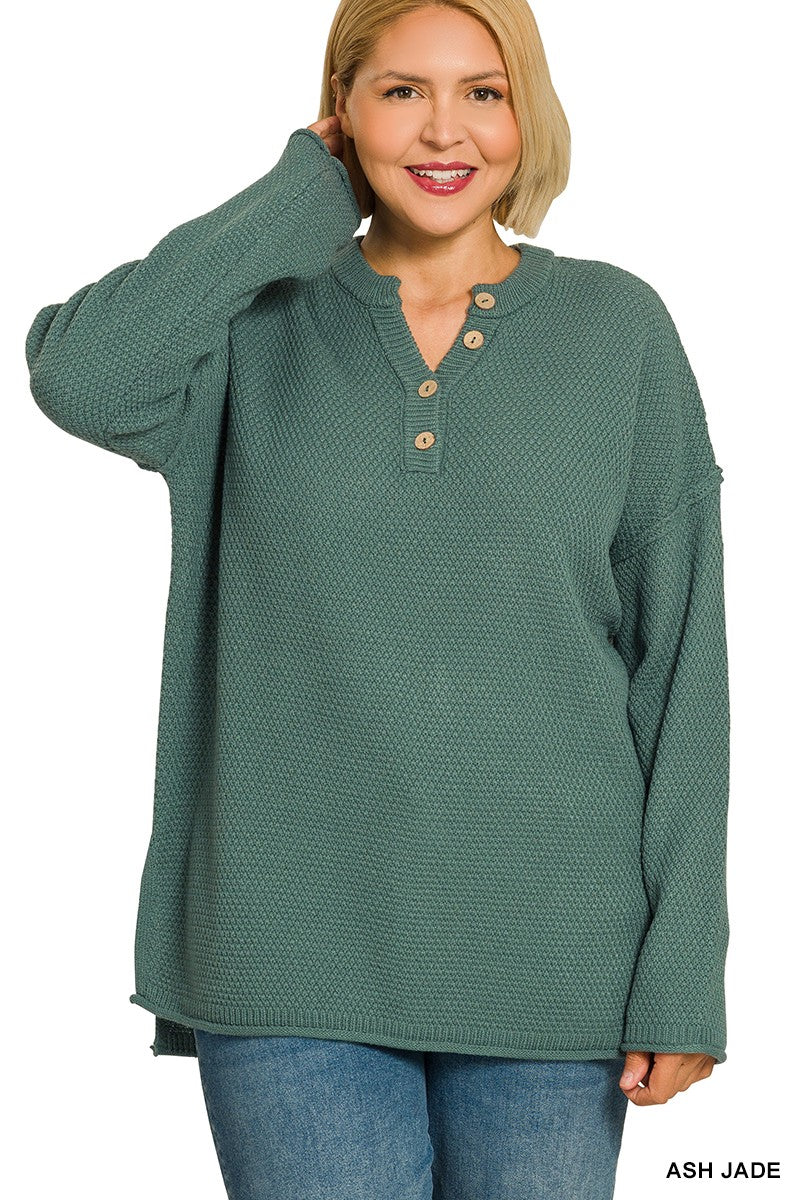 Plus 4 Buttons Henley Neckline Basic Sweater