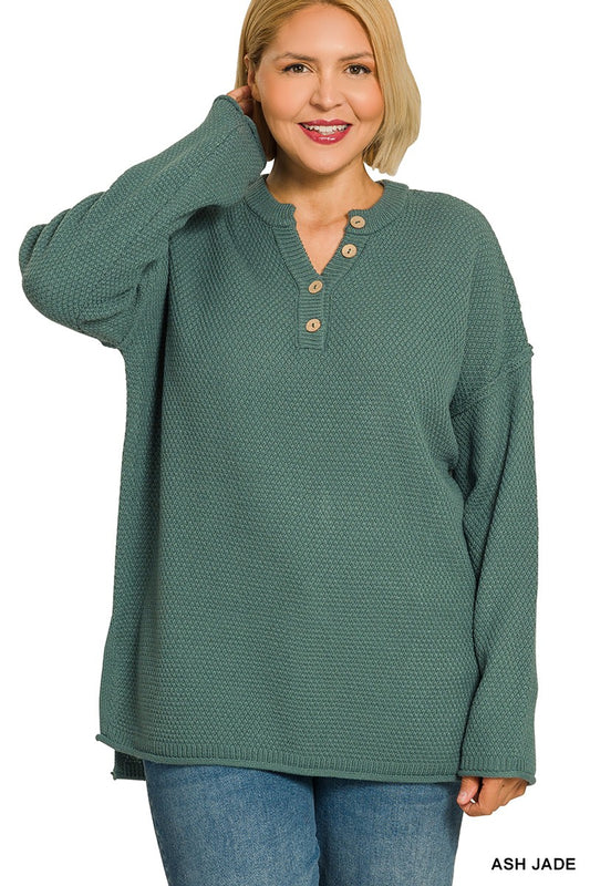 Plus 4 Buttons Henley Neckline Basic Sweater