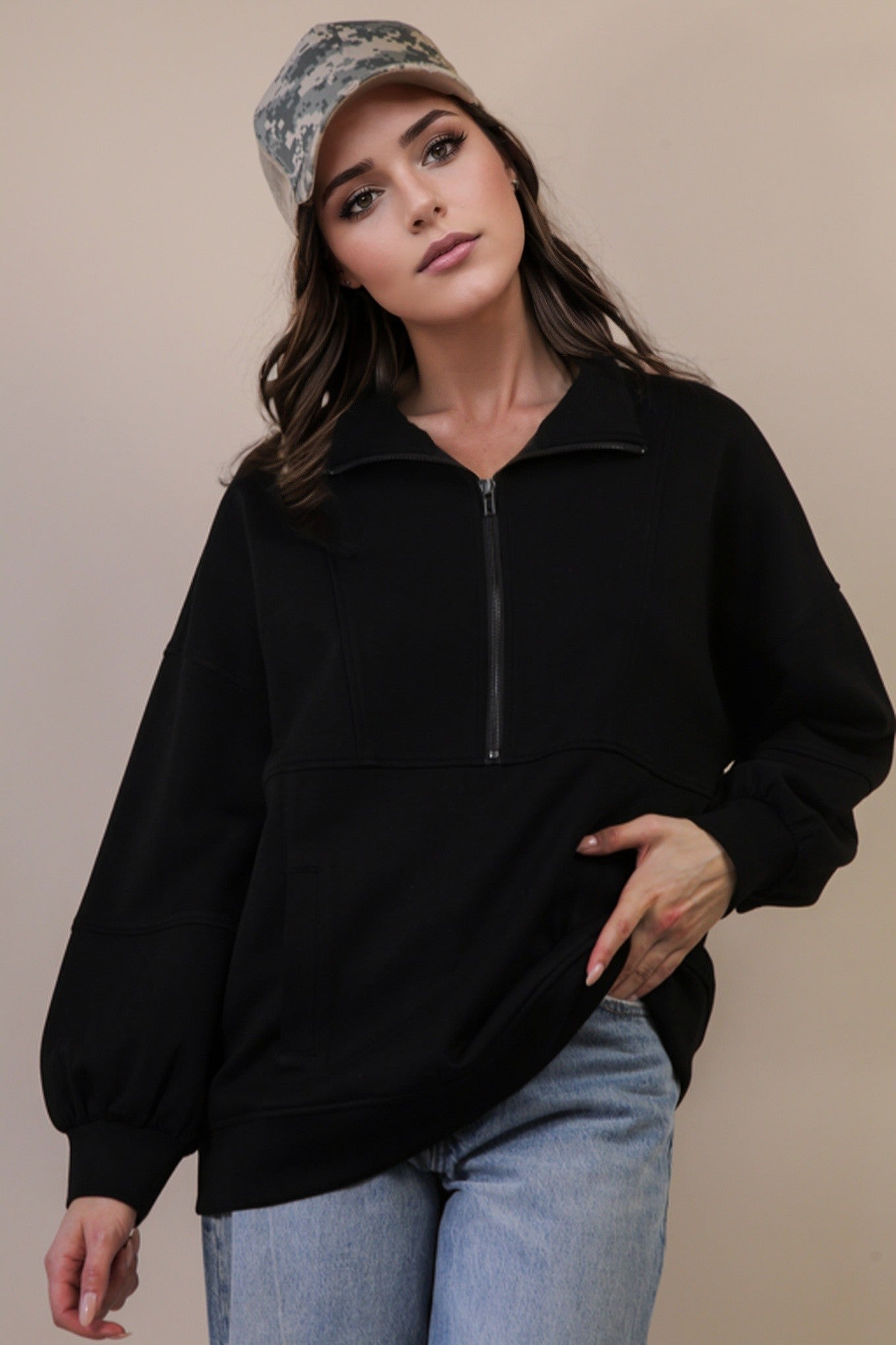 Half Zip Up Oversized Casual Comfy Knit Top