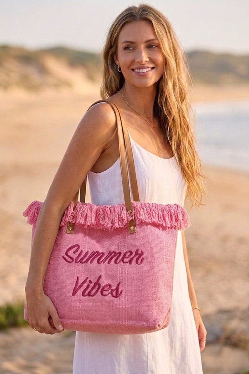 Summer Vibes Fringe Canvas Tote Bag