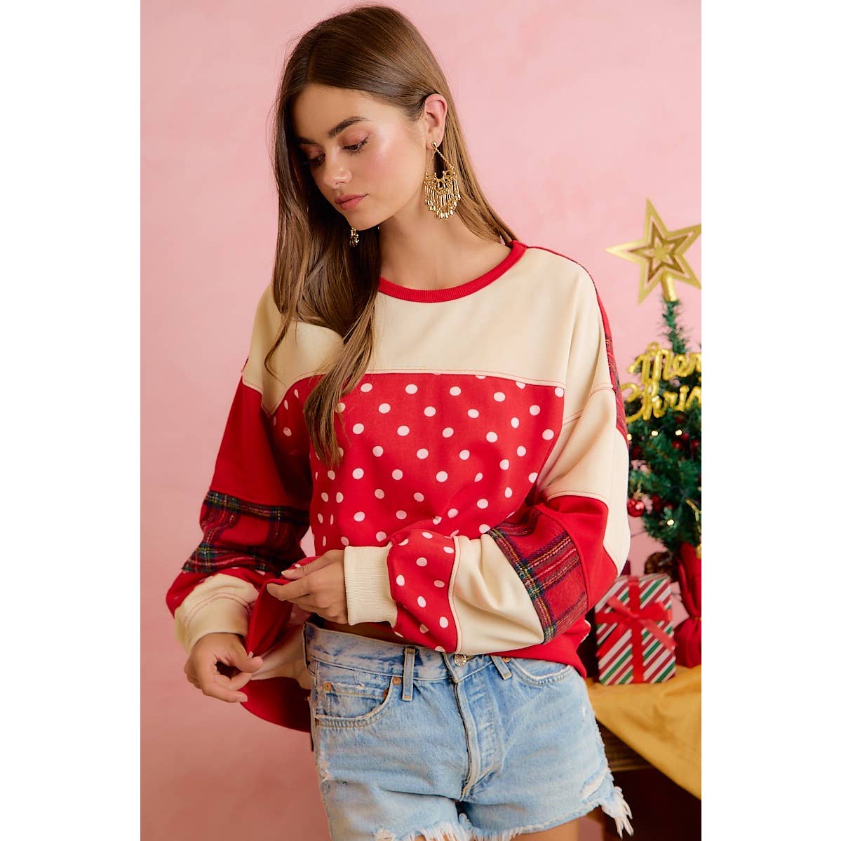 PLAID AND POLKA DOT PATCHWORK CHRISTMAS SWEATSHIRT