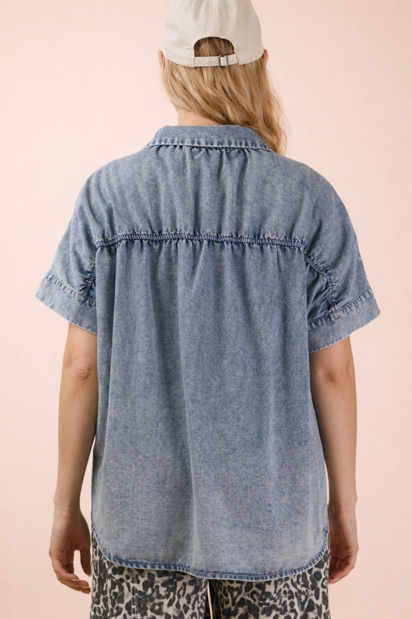 NT12493-Mineral Washed Chambray Oversized Shirt Top