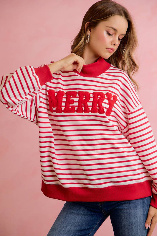 CHRISTMAS STRIPE AND MERRY PATCHWORK MOCK NECK TOP
