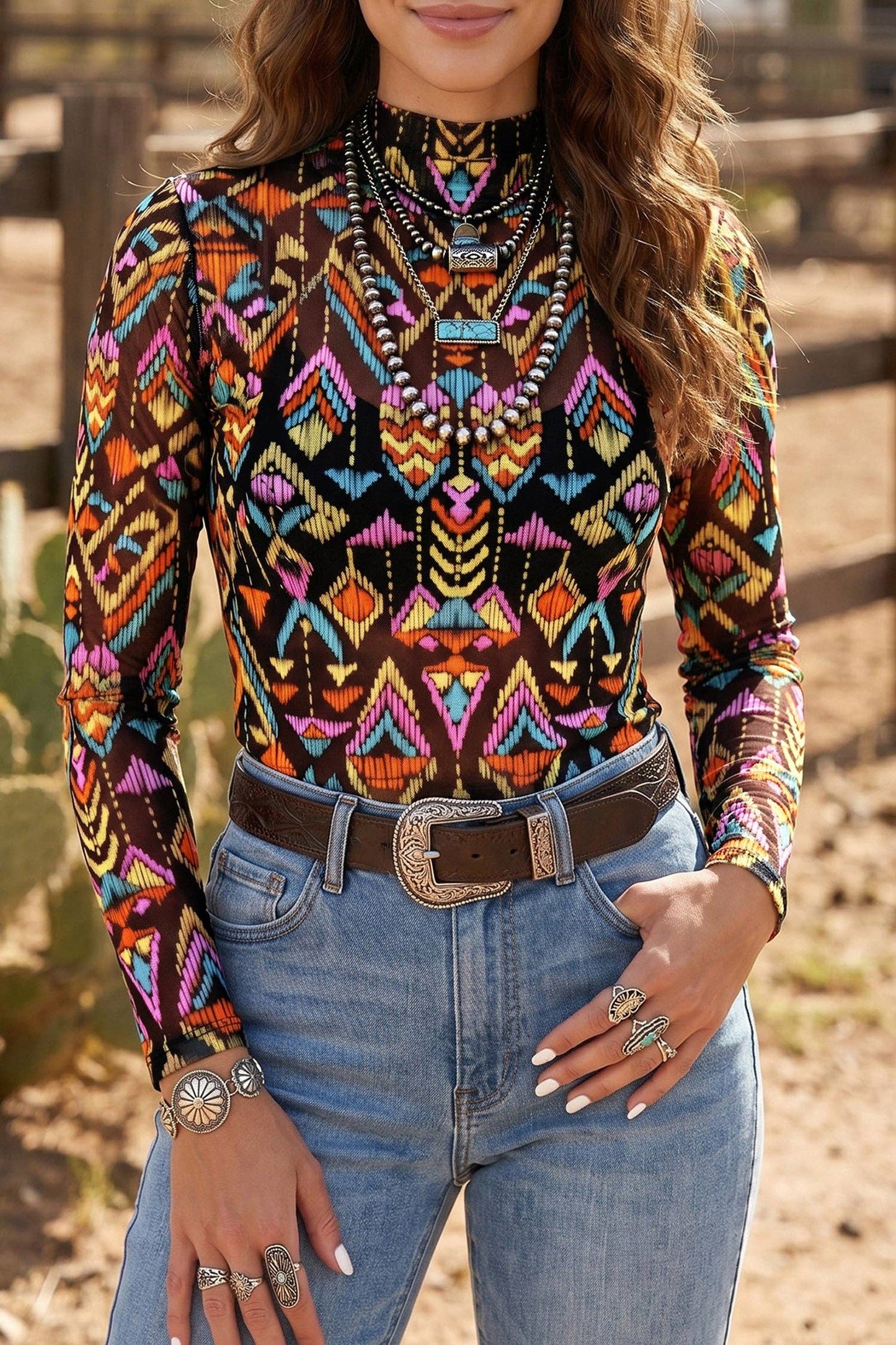 Color black Abstract Print Long Sleeve Stand Neck Mesh Top