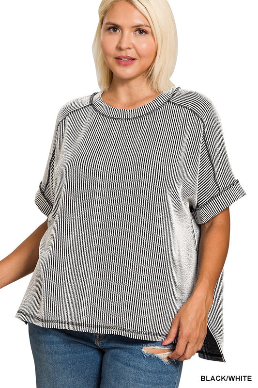 Plus Raised Rib Cuff Sleeve Raw Edge Top