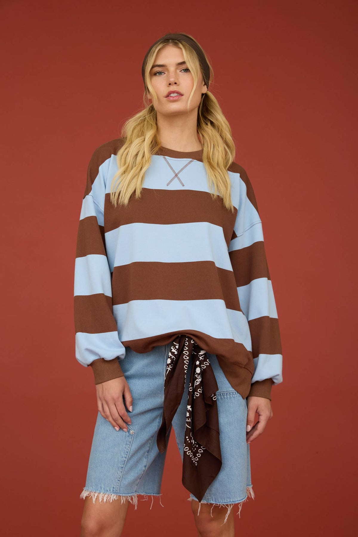 OVERSIZED WIDE STRIPE CREW NECK KNIT TOP