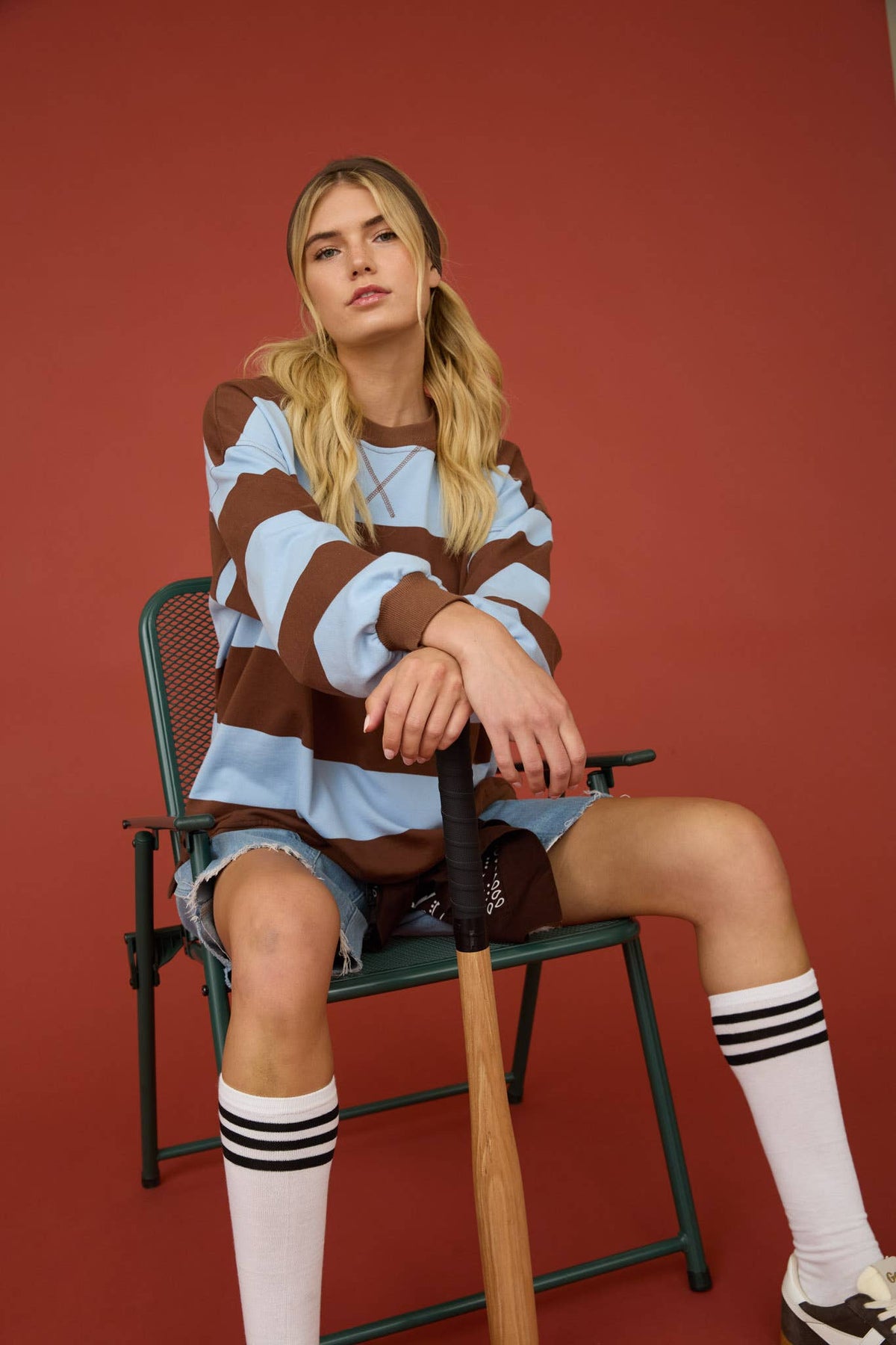 OVERSIZED WIDE STRIPE CREW NECK KNIT TOP