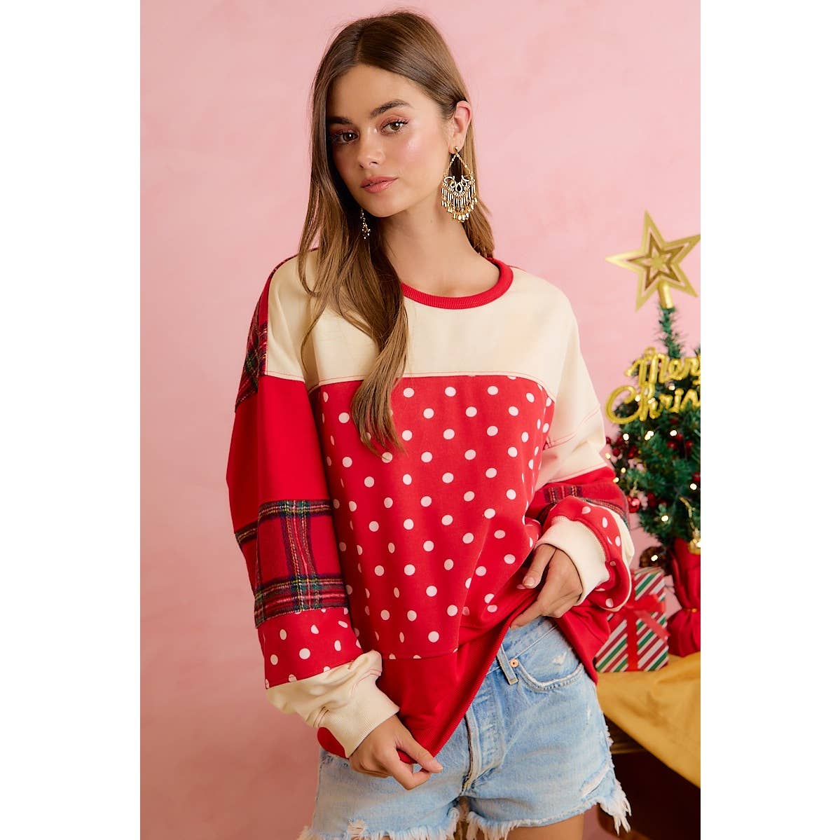 PLAID AND POLKA DOT PATCHWORK CHRISTMAS SWEATSHIRT