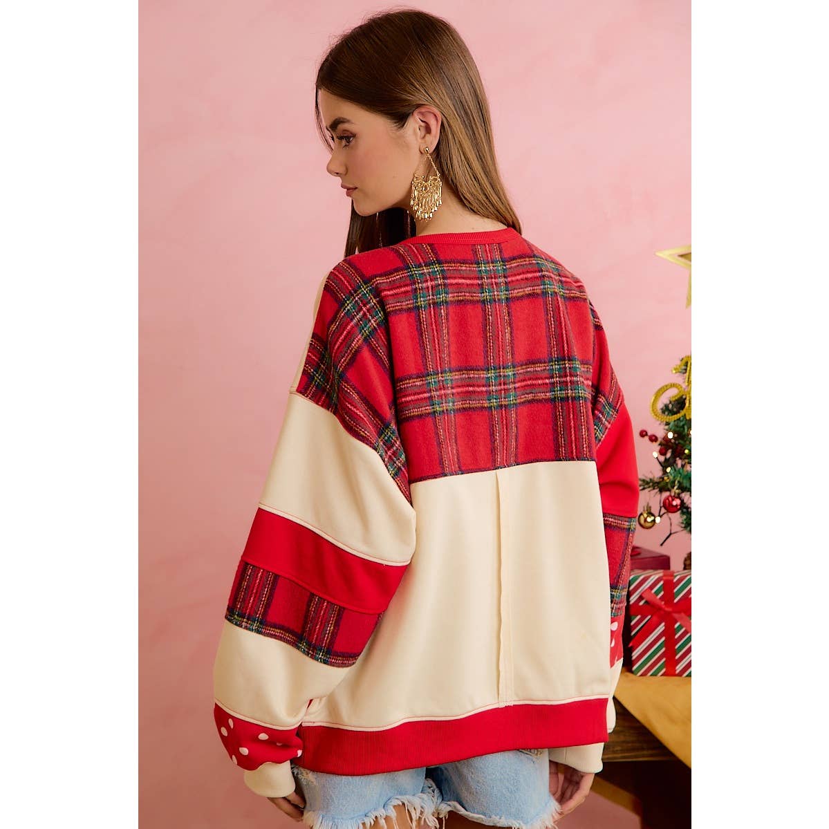 PLAID AND POLKA DOT PATCHWORK CHRISTMAS SWEATSHIRT