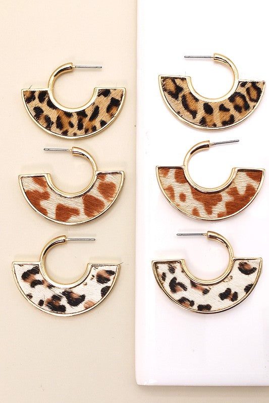 Faux Fur Animal Print Gold Edge Hoop Earrings