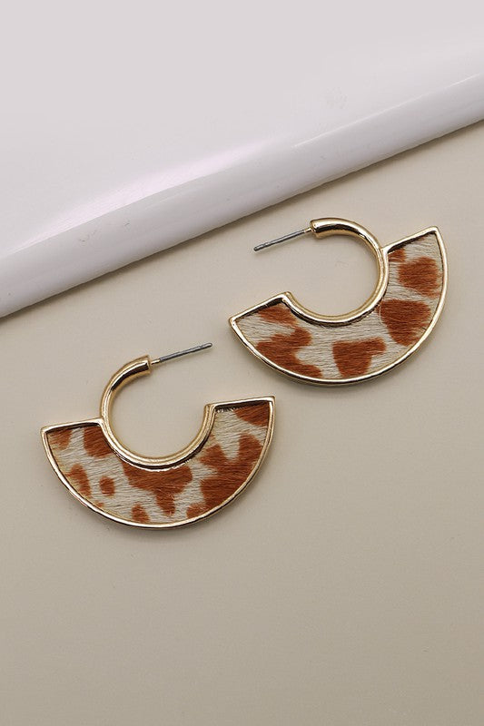 Faux Fur Animal Print Gold Edge Hoop Earrings