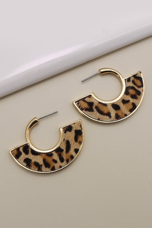 Faux Fur Animal Print Gold Edge Hoop Earrings