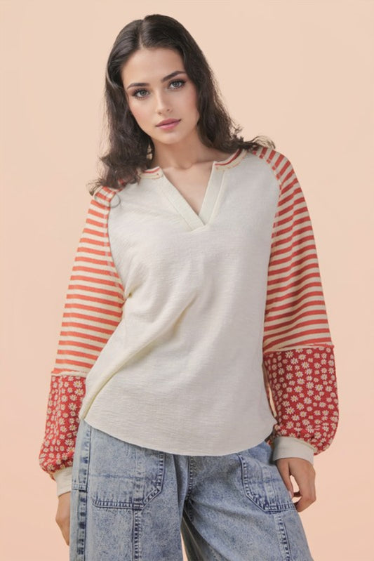 Oversized Floral & Stripe Casual Knit Top