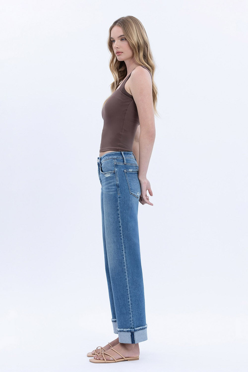 Mid Rise Cuffed Ankle Slim Wide Jeans