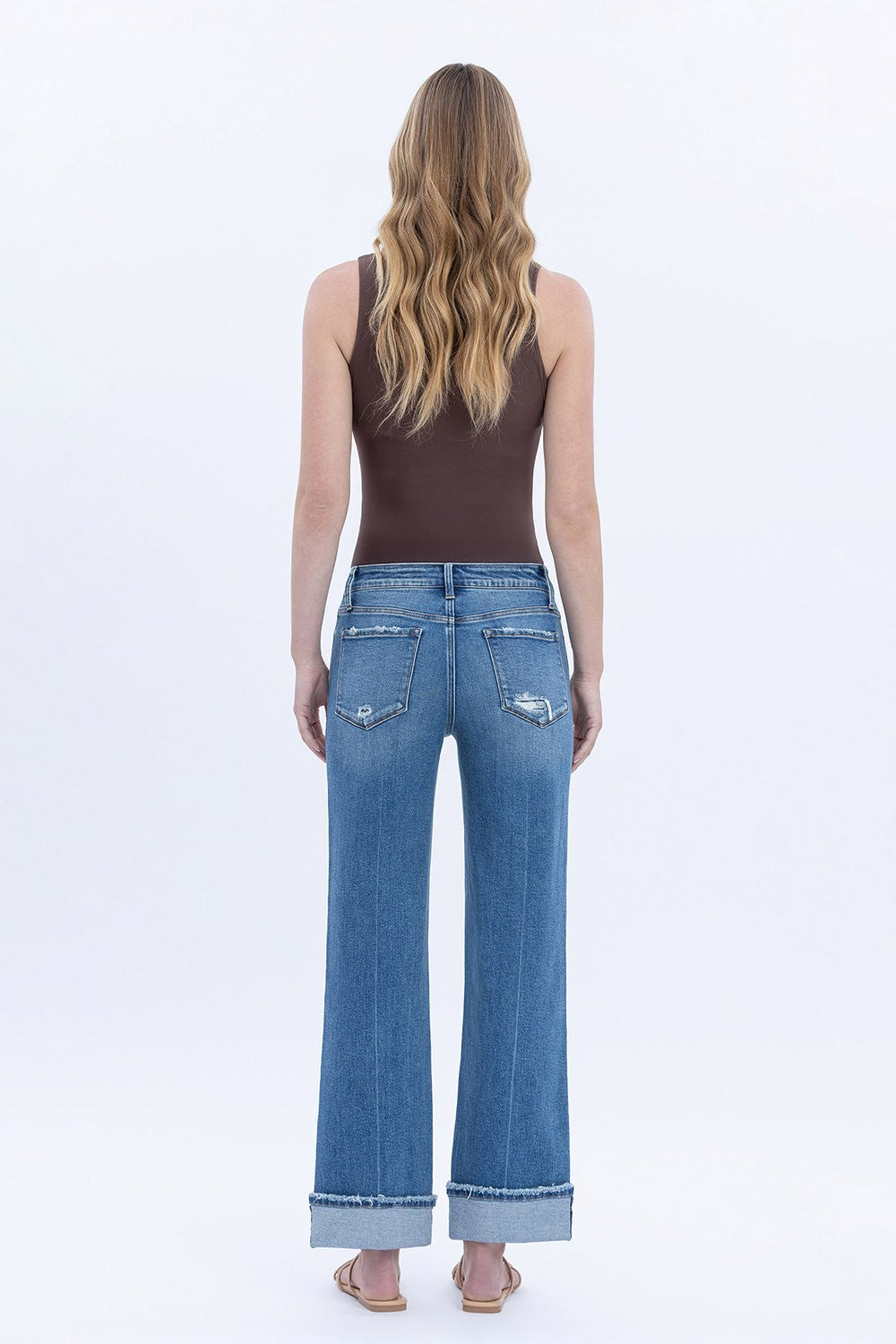 Mid Rise Cuffed Ankle Slim Wide Jeans