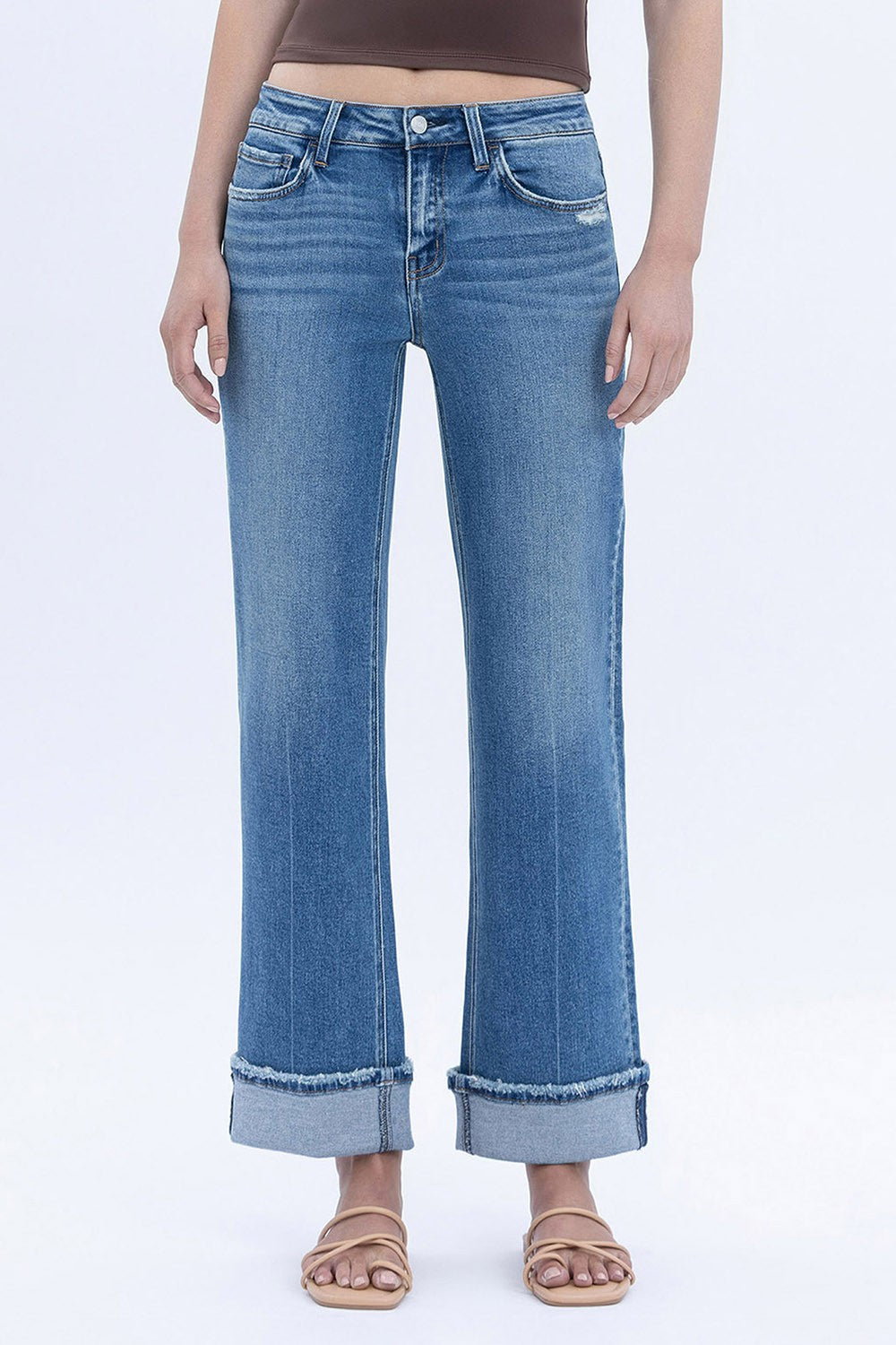 Mid Rise Cuffed Ankle Slim Wide Jeans