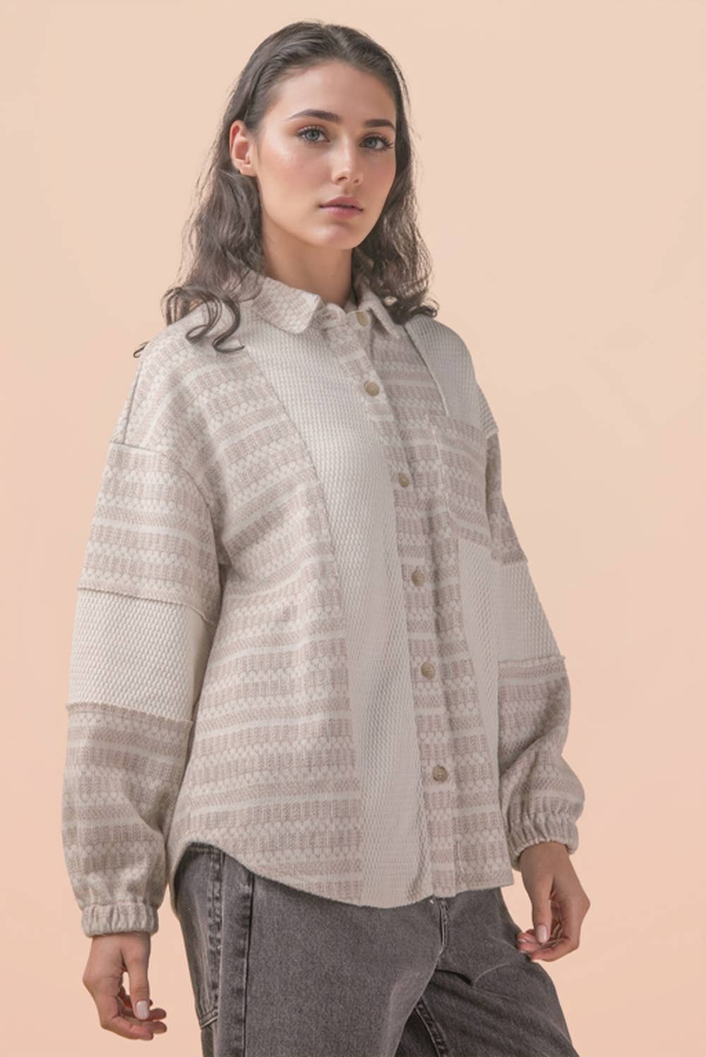 NT12264-Oversized Mixed Knit Casual Shacket Jacket