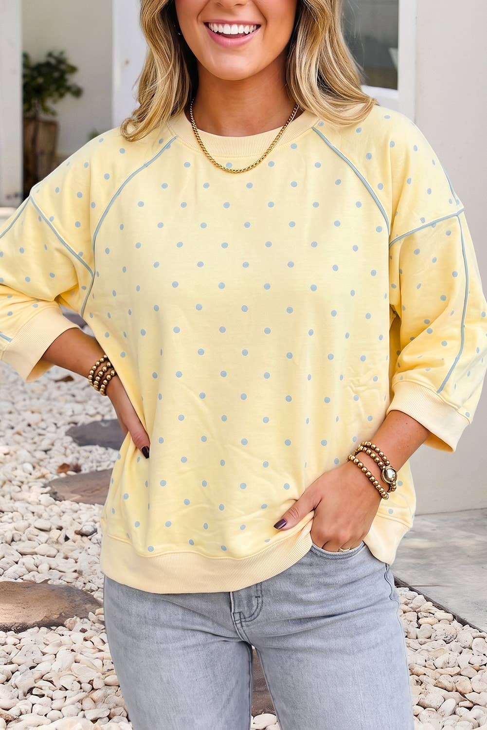 LDC Polka Dot Print Piping Trim 3/4 Sleeve Relaxed Top