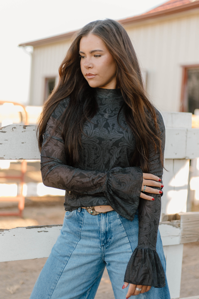 Tooled In Black Mesh Top