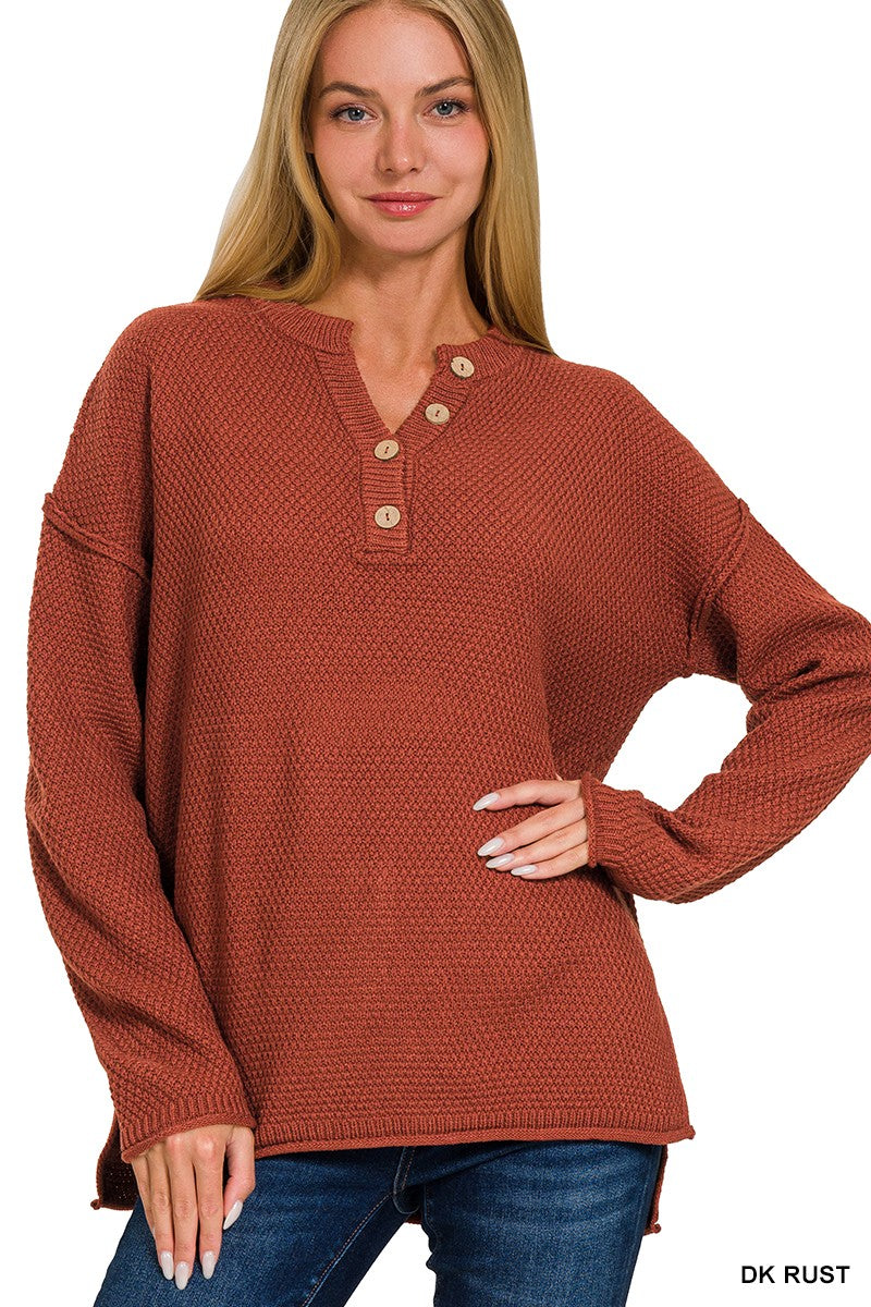 4 Buttons Henley Neckline Basic Sweater