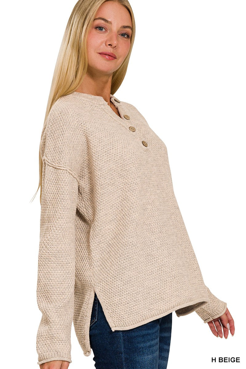 4 Buttons Henley Neckline Basic Sweater