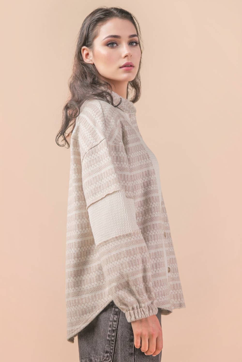 NT12264-Oversized Mixed Knit Casual Shacket Jacket