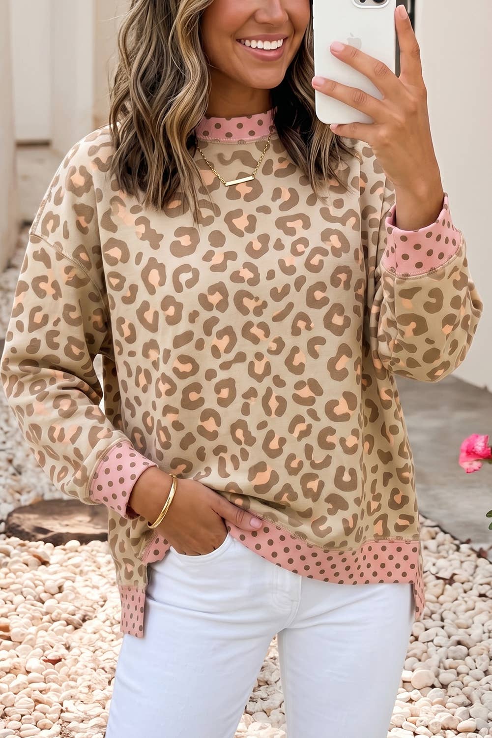 LDC Polka Dot Colorblock Leopard Long Sleeve Tunic Blouse