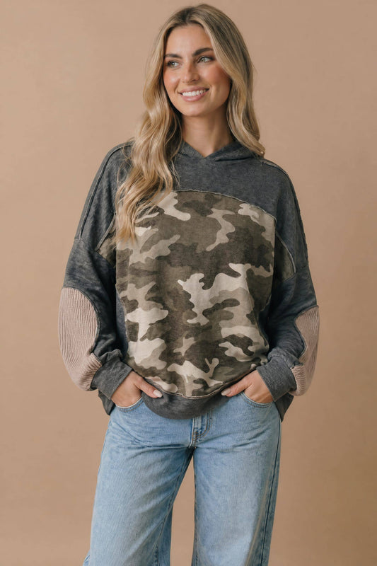 Camo Color Block Outseam Hoodie Knit Top