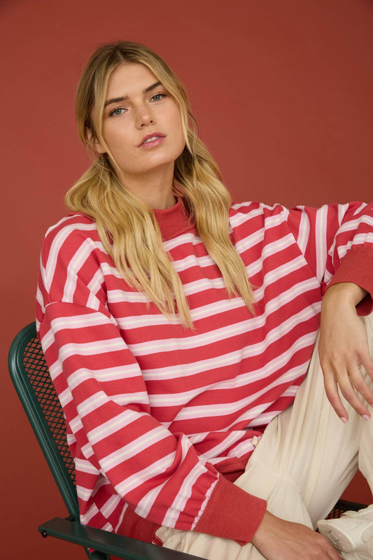 CONTRAST WIDE NECK LONG SLEEVE STRIPE KNIT TOP