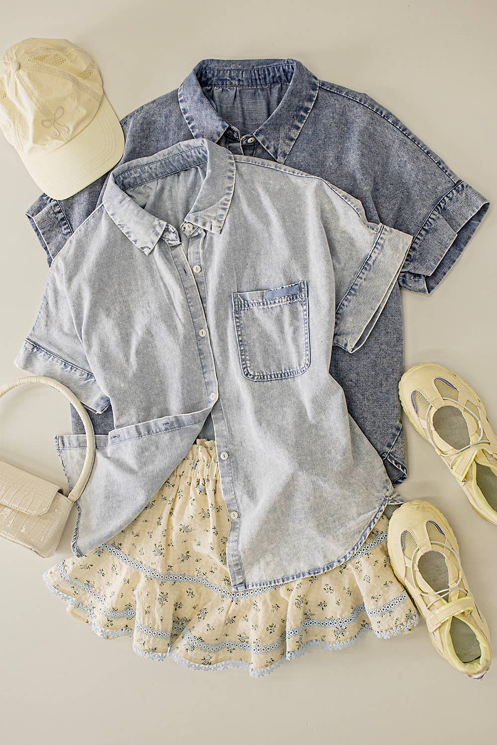 NT12493-Mineral Washed Chambray Oversized Shirt Top