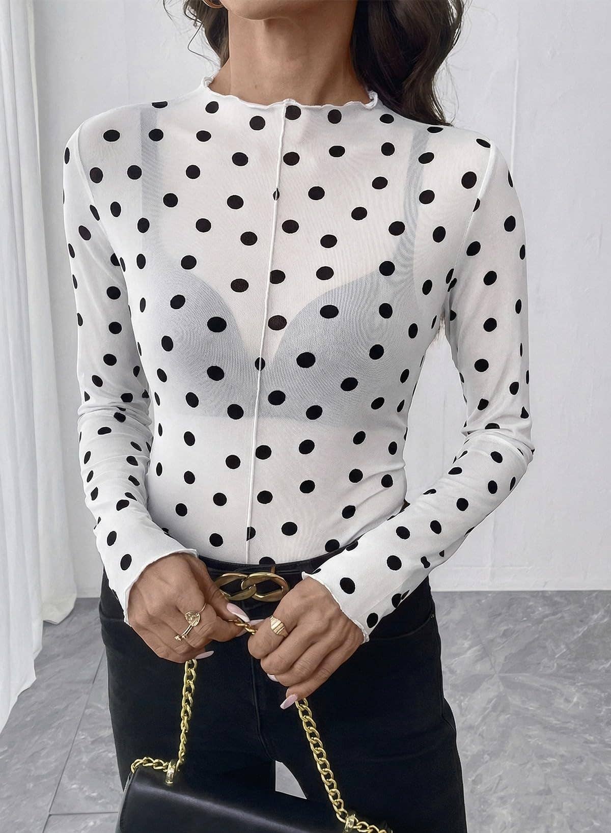 Polka Dot Mesh Top Sheer Fitted Club Blouse