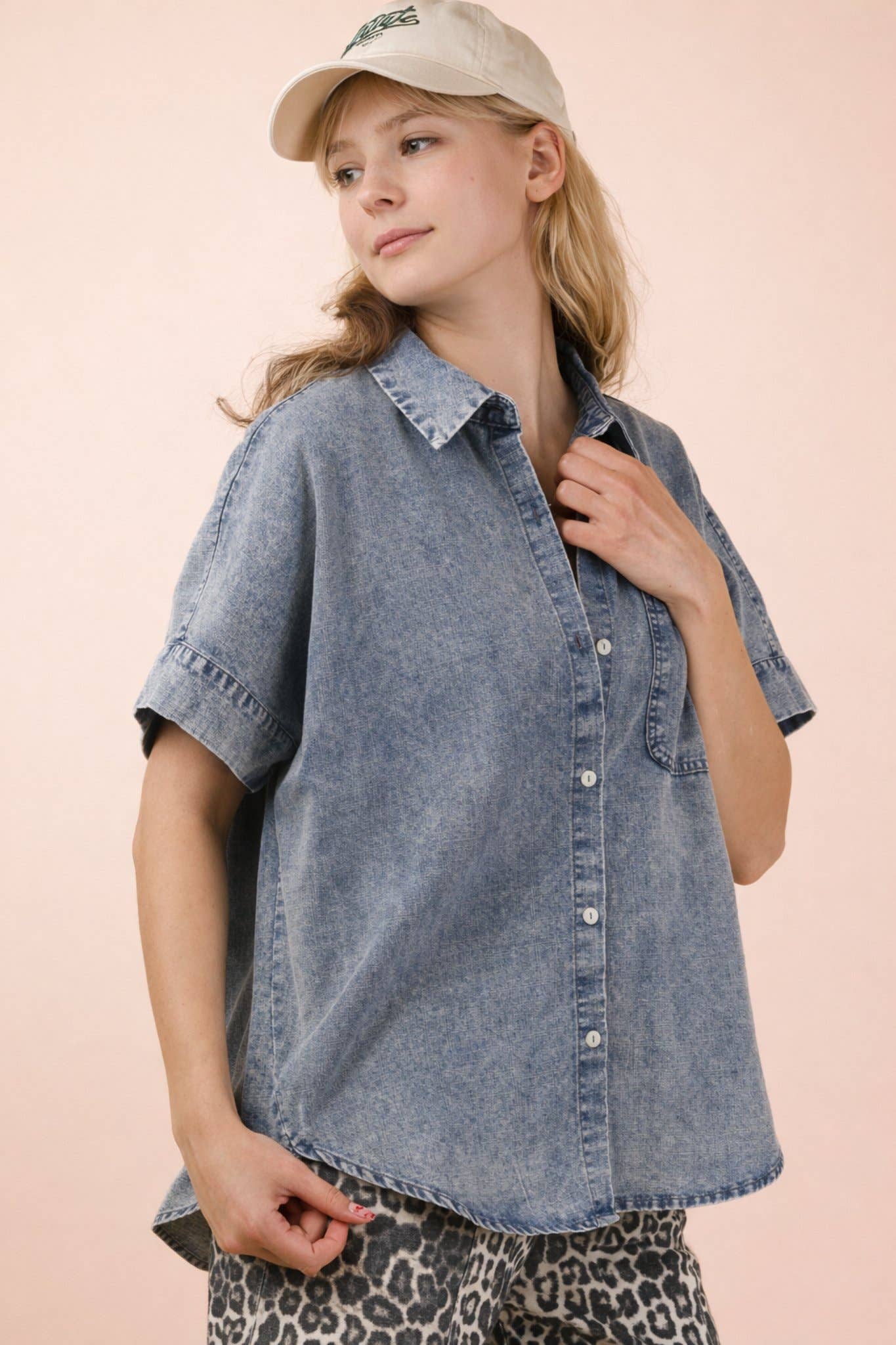 NT12493-Mineral Washed Chambray Oversized Shirt Top
