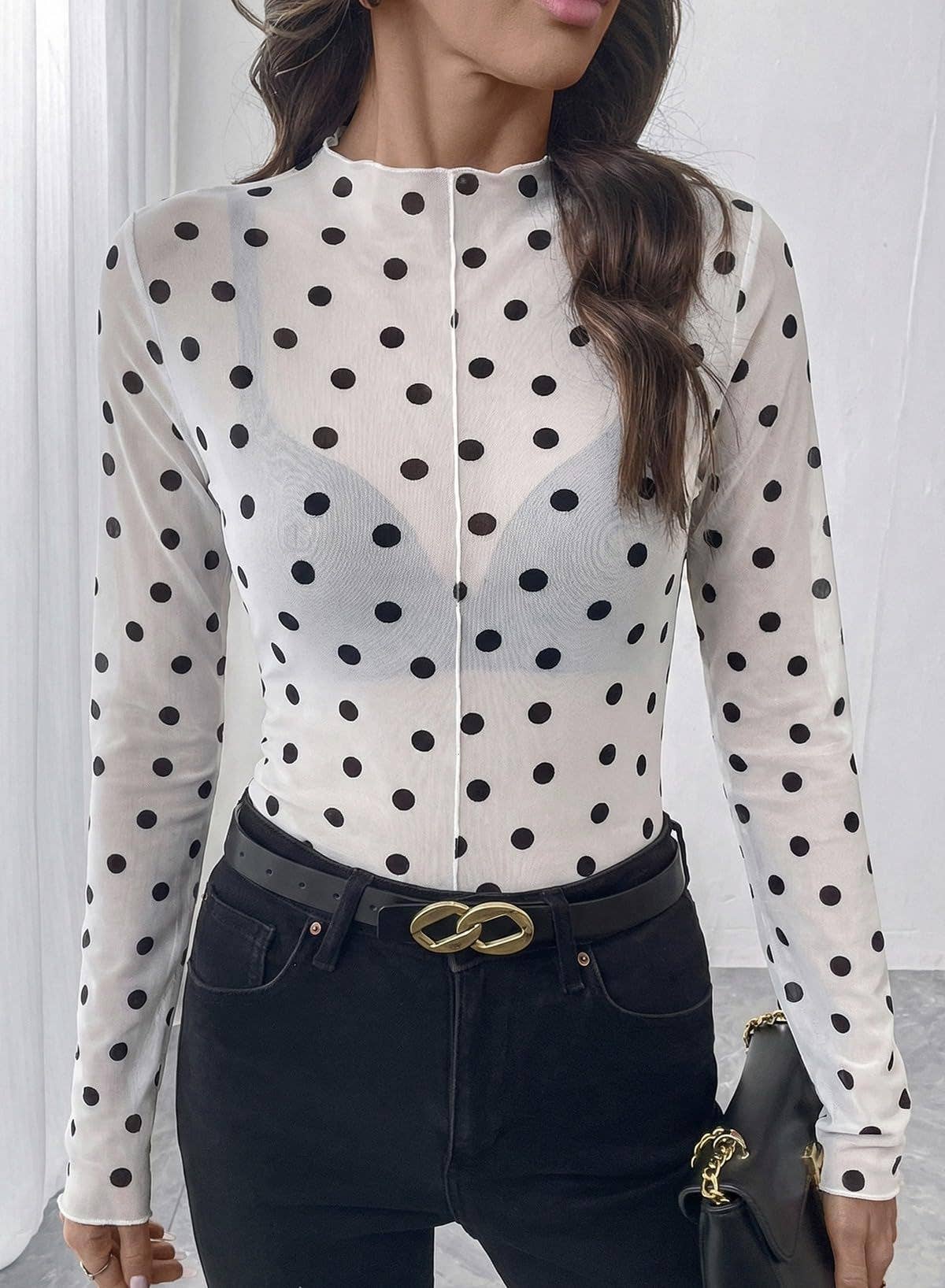 Polka Dot Mesh Top Sheer Fitted Club Blouse