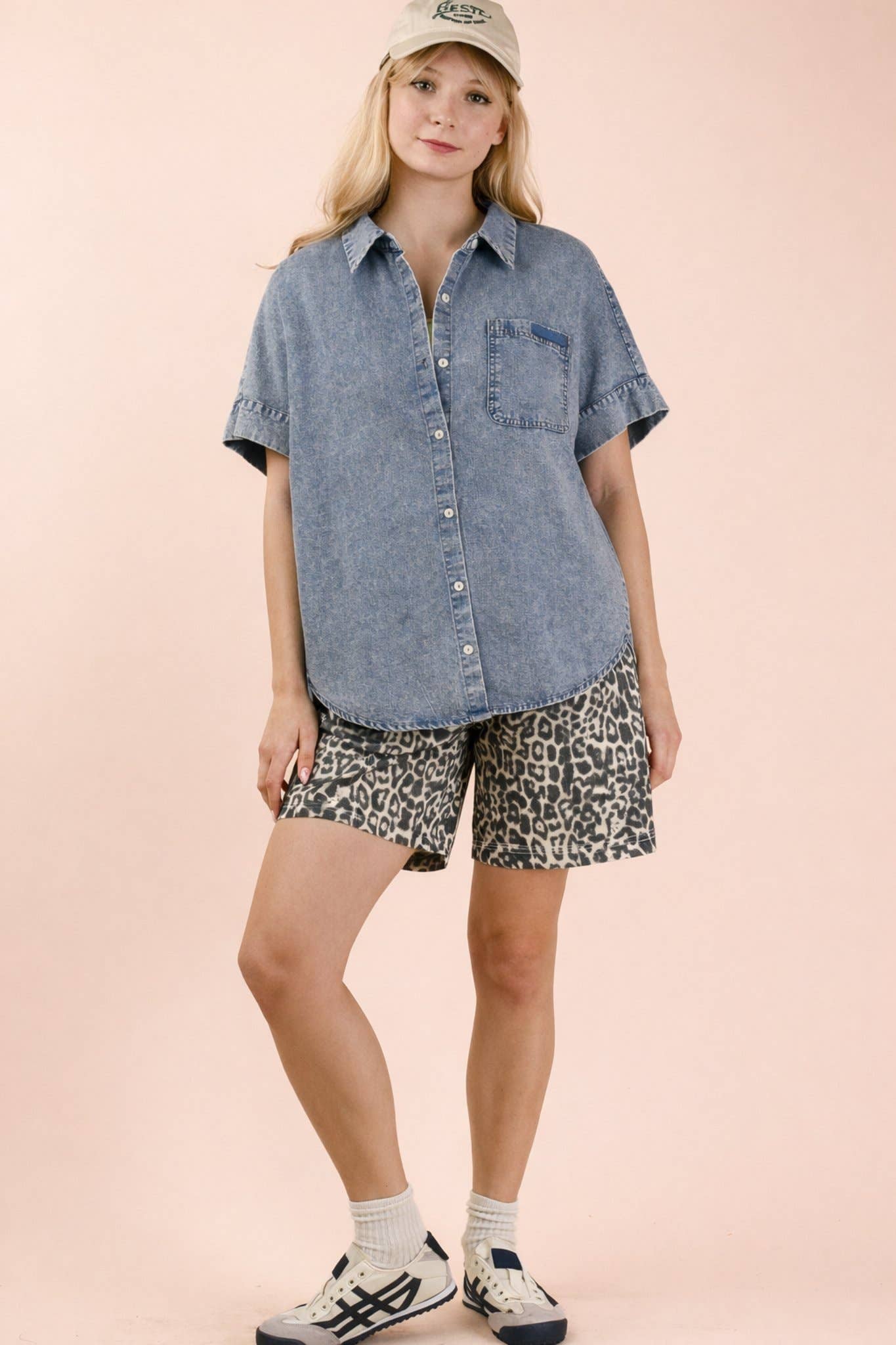 NT12493-Mineral Washed Chambray Oversized Shirt Top