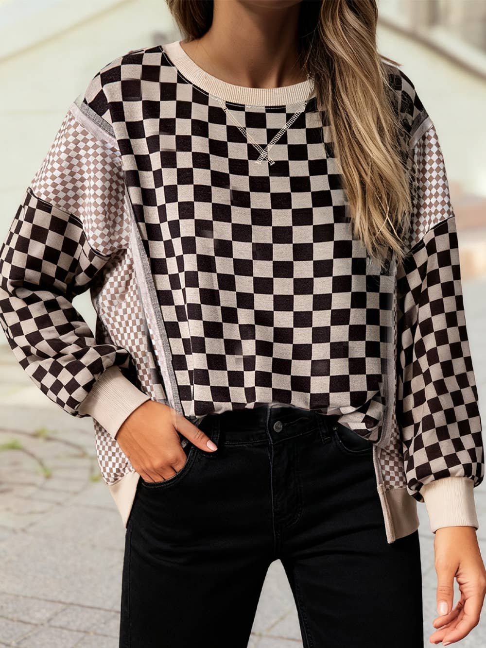 Mixed Checkered Pattern Patchwork High Low Casual Top