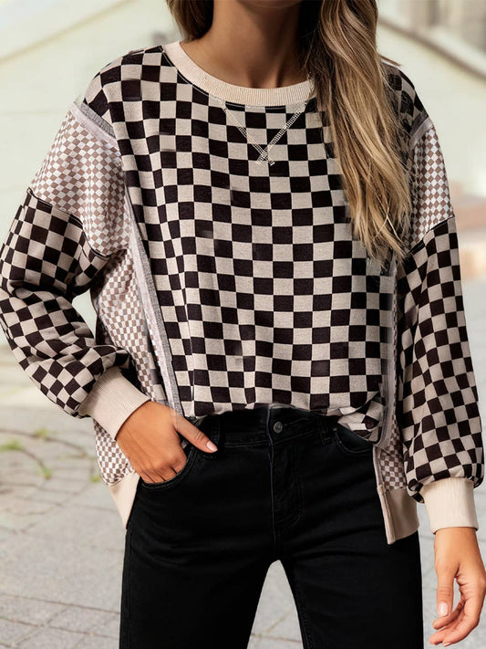 Mixed Checkered Pattern Patchwork High Low Casual Top