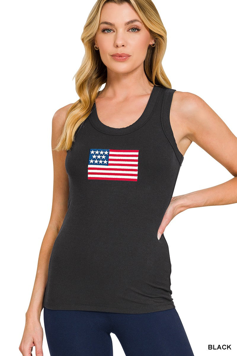 Ribbed American Flag Patch Scoop Neck Tank Top