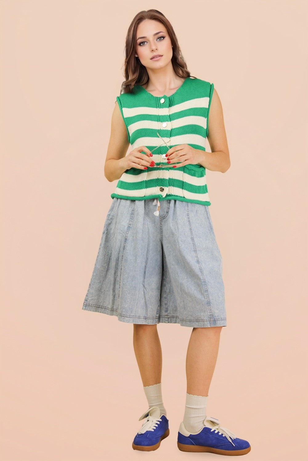 Stripe Button Down Knit Sweater Top