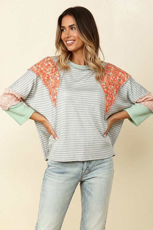 Floral Color Block Oversized Stripe Knit Top