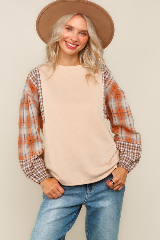 Solid Top W/ Contrast Plaid Print Sleeves